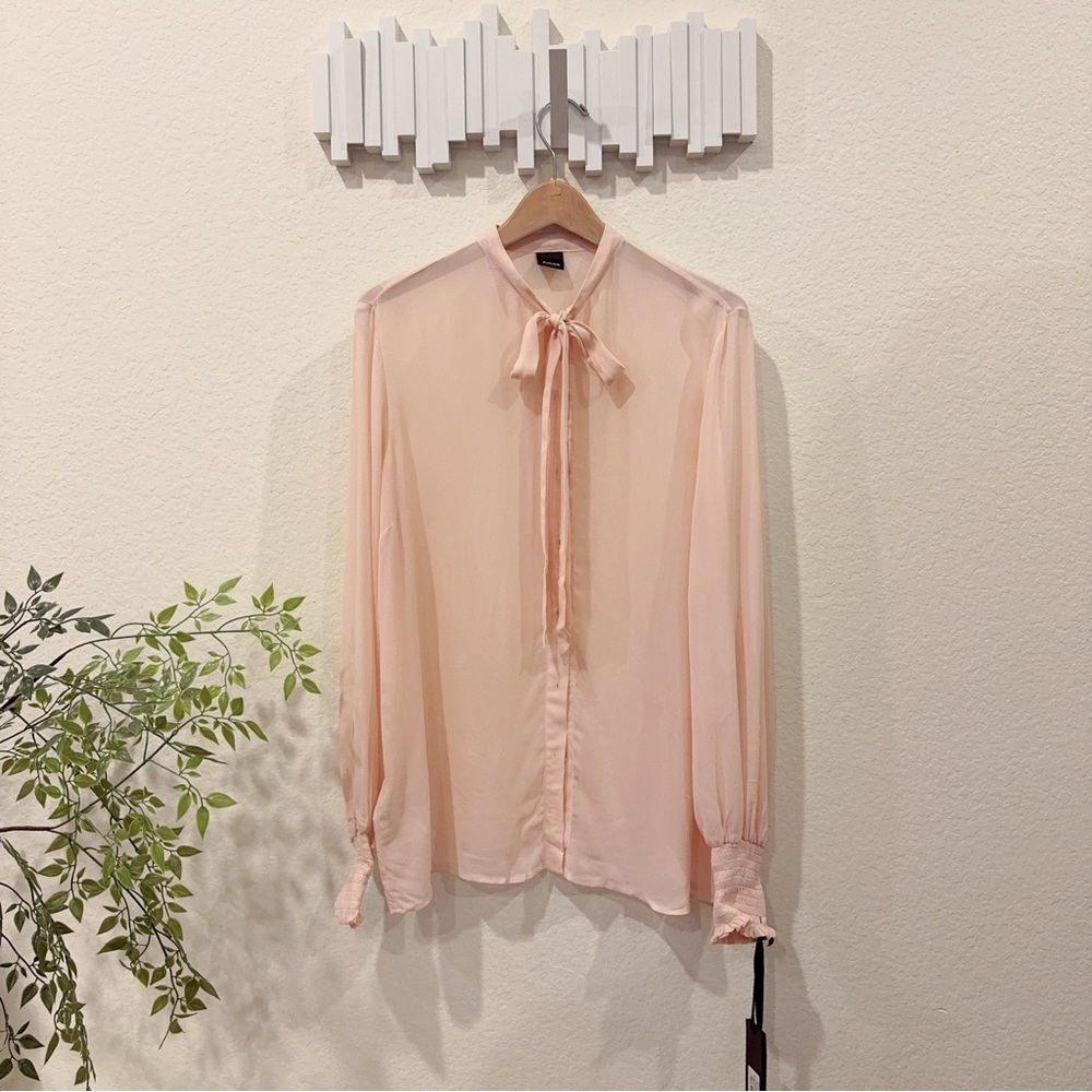 Pinko Peachy Sheer Long Sleeve Button Down Blouse Top with Tie Size 44/L NWT